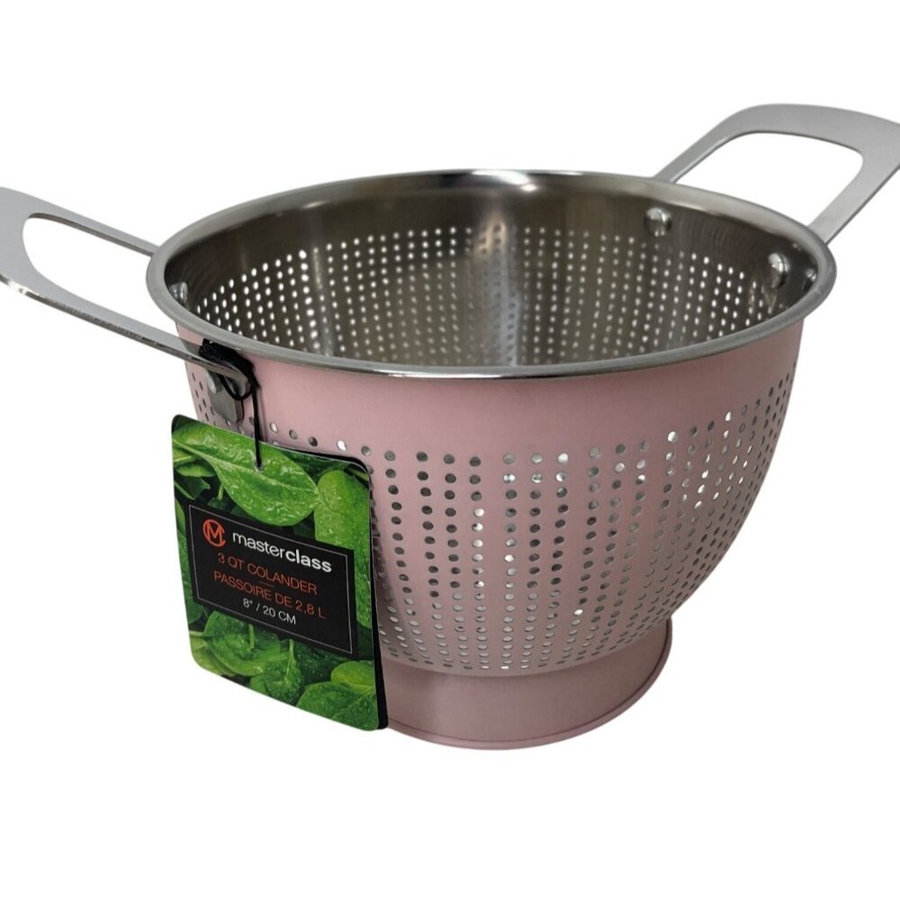 Master Class Stainless Steel 3 Qt Colander With Pink Exterior & Dual Handles New